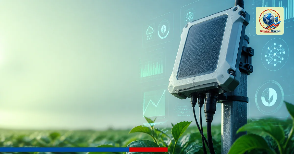 Editorial cover scene showing a modern agritech device in a field with translucent data visuals around it, soft green-to-blue