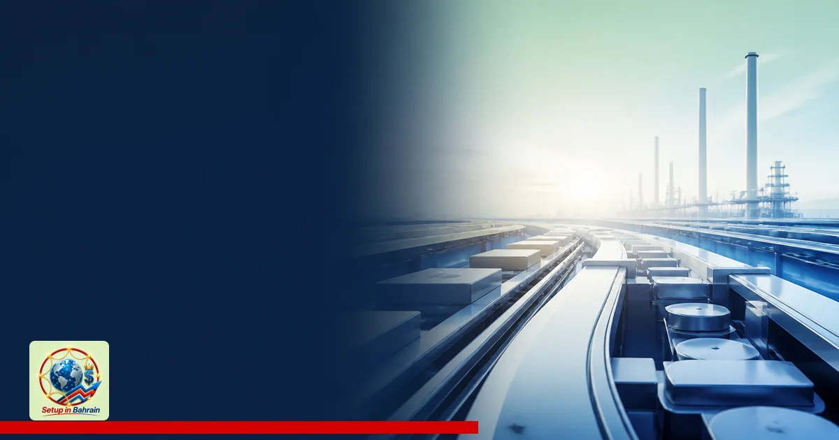 A clean, unbranded editorial cover scene with a left navy information panel and a right abstract manufacturing visualization 