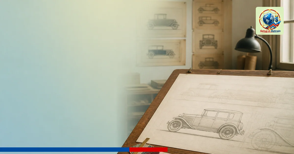 A vintage Ford design studio scene with a wooden drafting table, color swatches, and early car silhouette drawings; the left 