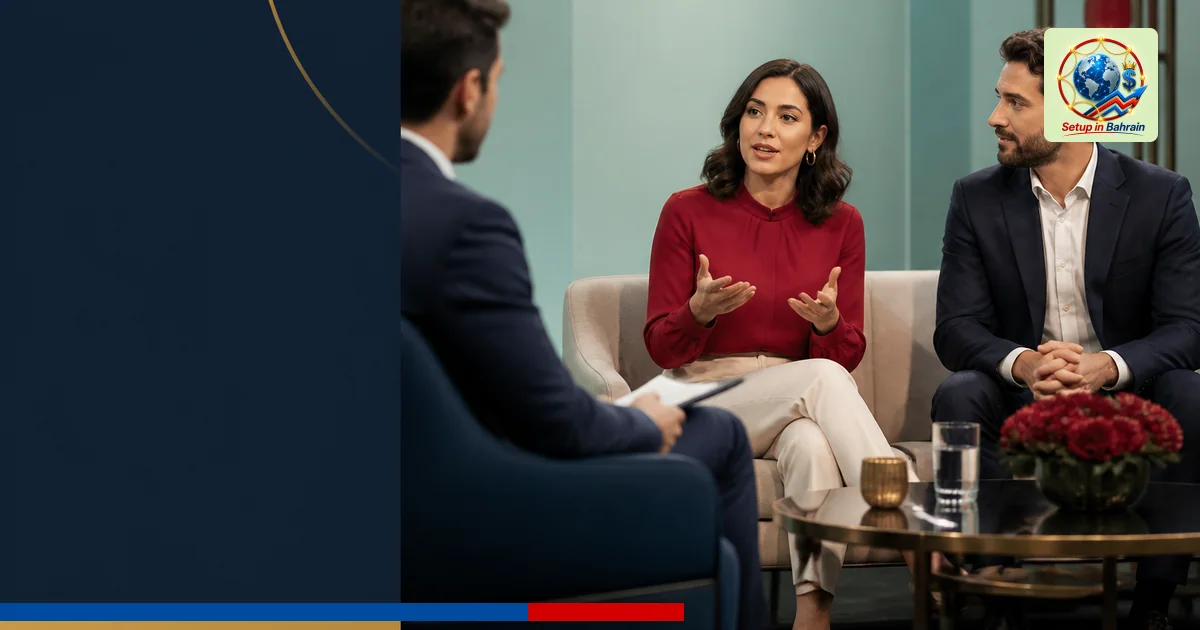 Editorial cover: a staged, unbranded studio talk-show moment with a navy-panel left side and a right-side candid visual, pale
