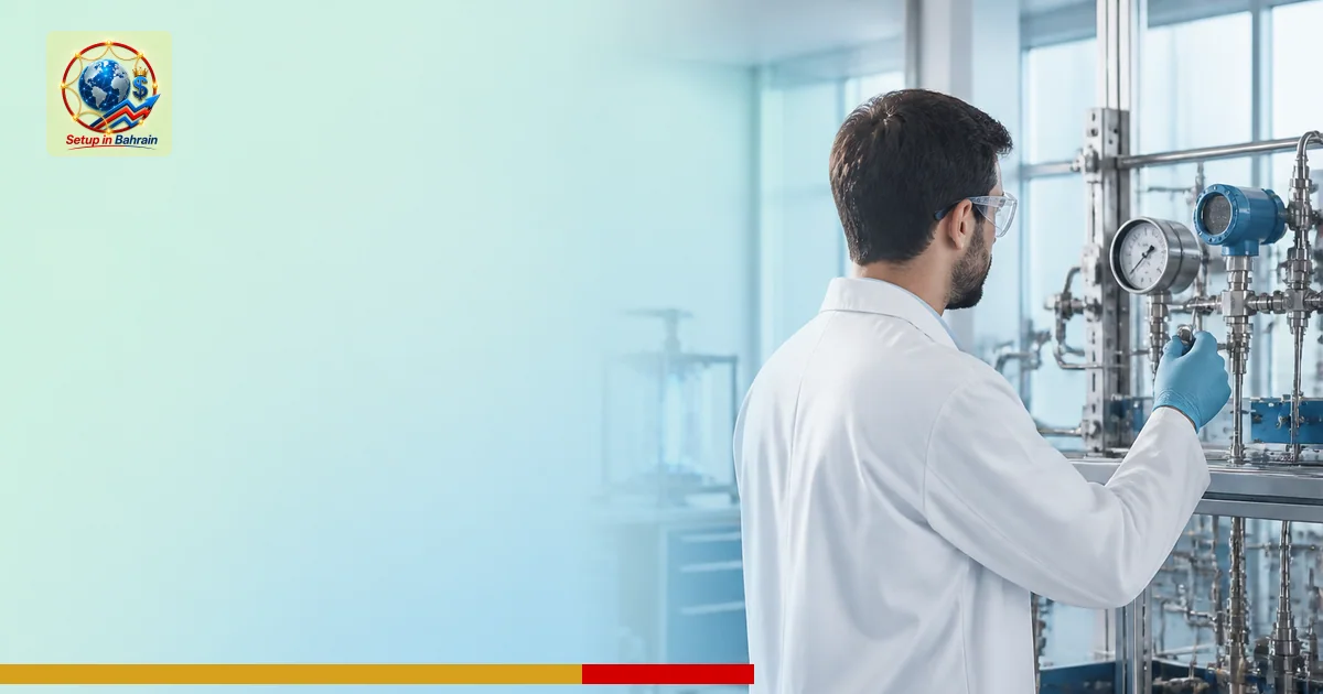 A single technician in a lab coat inspects generic hydrogen-testing equipment inside a clean industrial lab. The scene uses p
