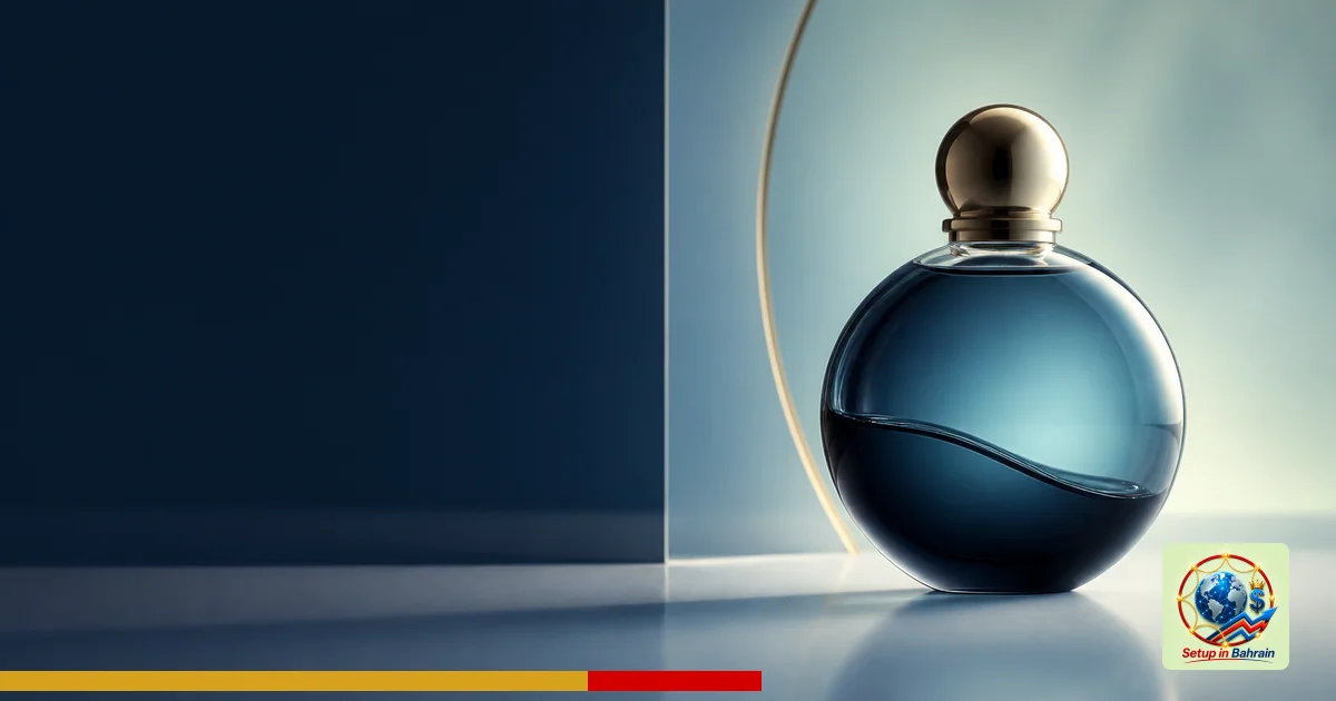 Unbranded studio shot of a minimalist fragrance centerpiece with a geometric design element against a pale green-to-blue grad
