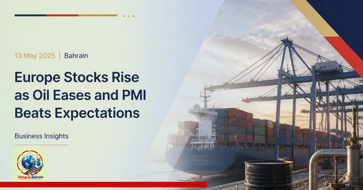 Editorial visual representing one concrete editorial subject illustrating Europe stocks rise as oil eases and PMI beats expec