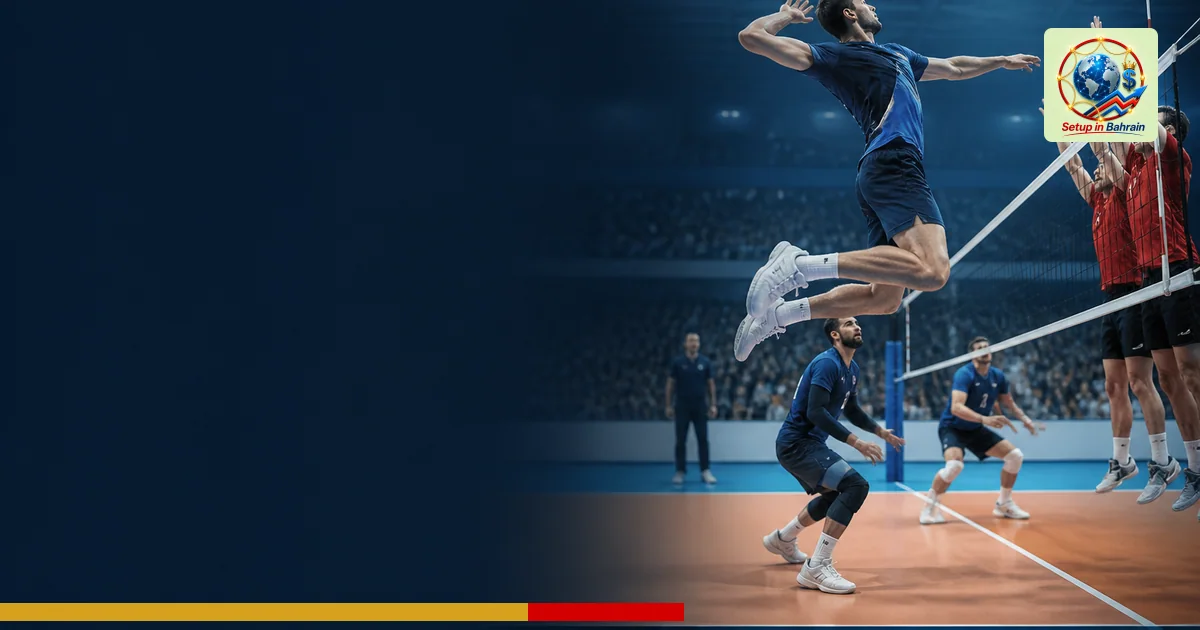 A professional, unbranded editorial scene of a men’s volleyball match indoors, showing a player leaping to spike the ball wit