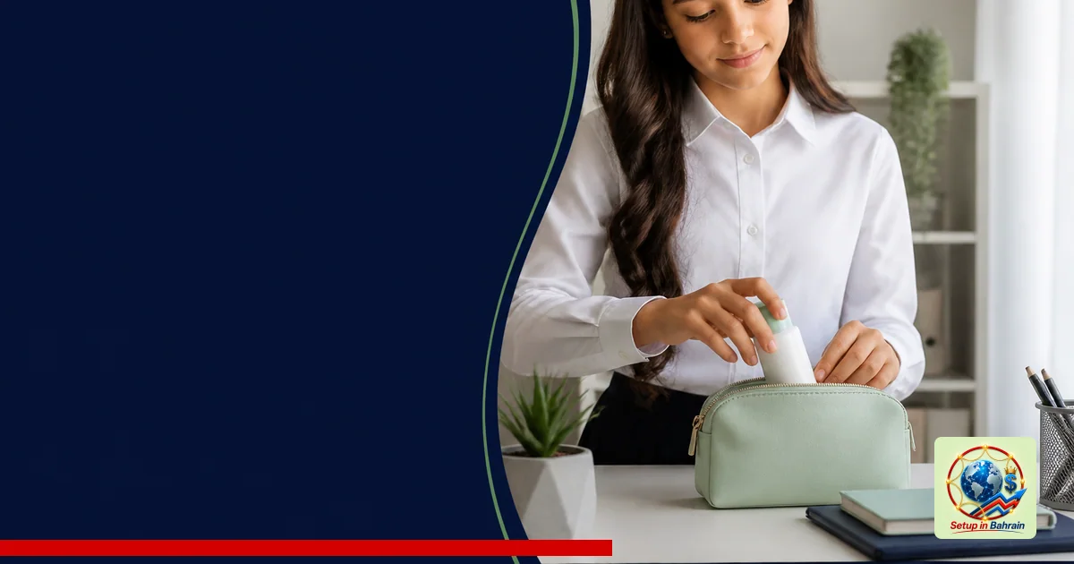 A clean, premium editorial scene showing a young girl thoughtfully placing a skincare product on a desk, with a navy informat
