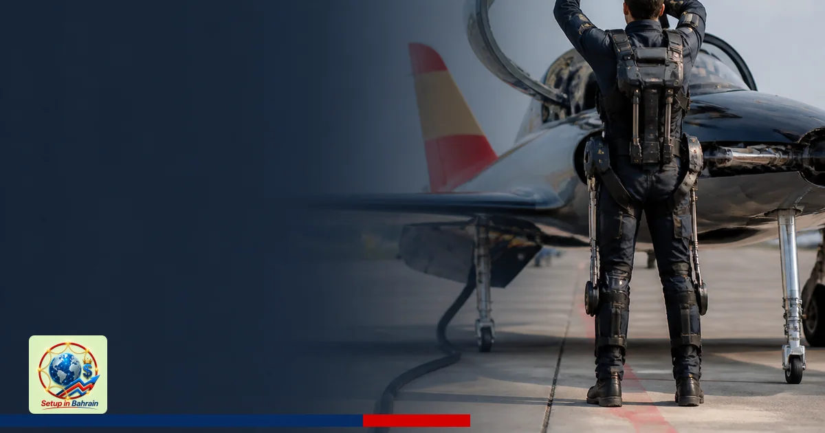 A ground crew member wearing an exoskeleton stands on a tidy airfield beside an electric aircraft under prep, with a left nav