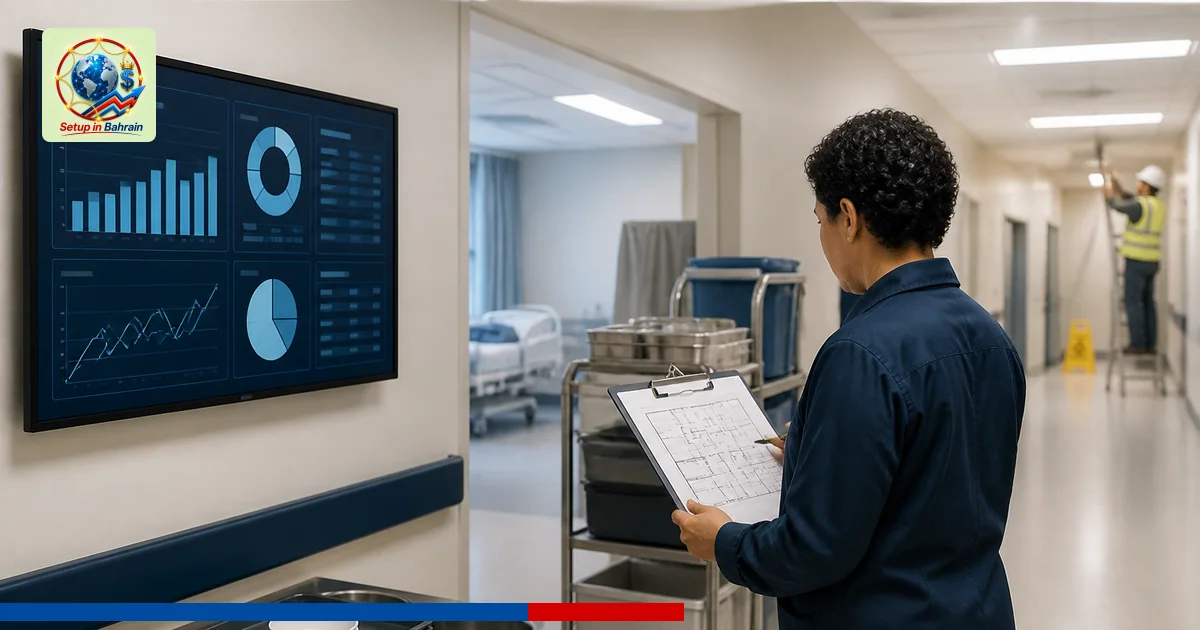 Single facilities manager in a hospital support area examines a floor plan while service carts and meal service stations are