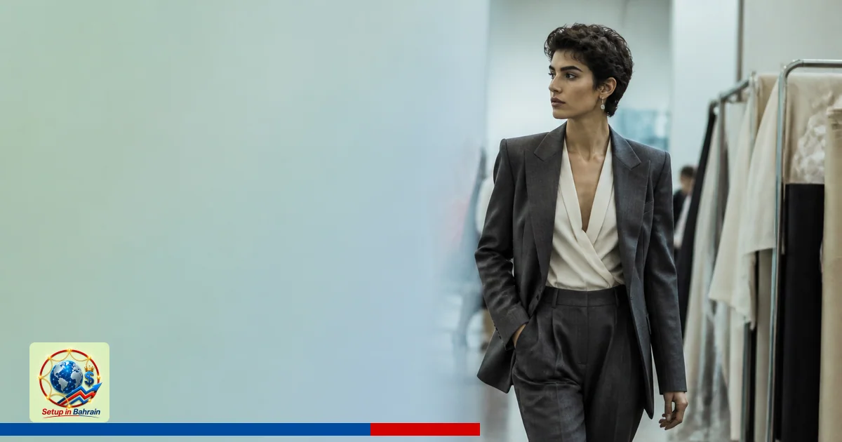 A solitary fashion-forward figure walks down a backstage corridor with fabric racks, bathed in cool, polished lighting. The s