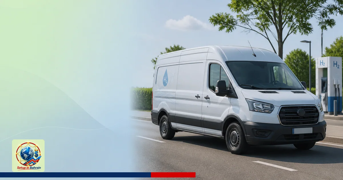 A prototype hydrogen-powered Ford Transit van is shown in a Swansea-area street setting as part of a WWU fleet trial, with su