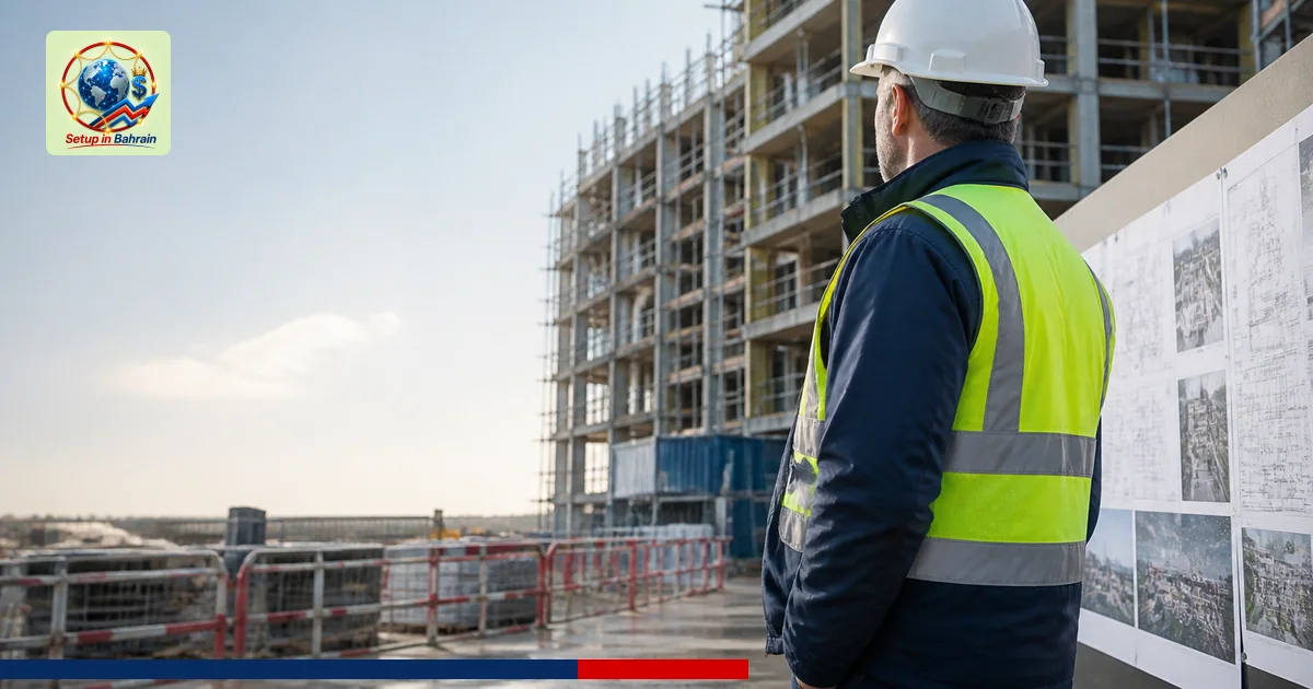 A solitary construction-delivery director surveys a North East Willmott Dixon site, with scaffolding and a partially built st