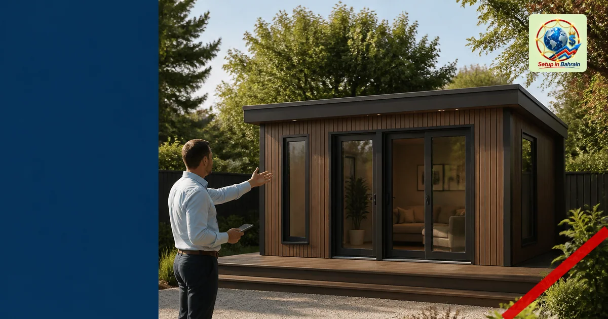 A modern compact garden dwelling sits in a tidy backyard with a small patio, flanked by a subtle lawn and shrubs. A single, n