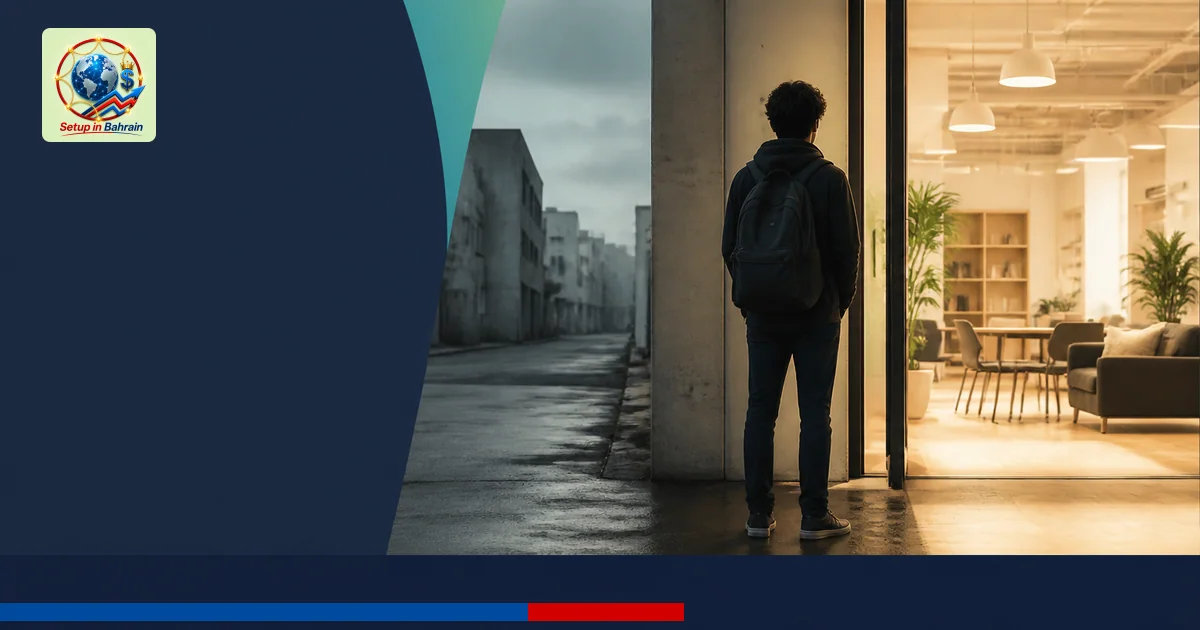 A solitary youth silhouette stands before two doorway frames that hint at a future Youth Hub, with a transitioning environmen