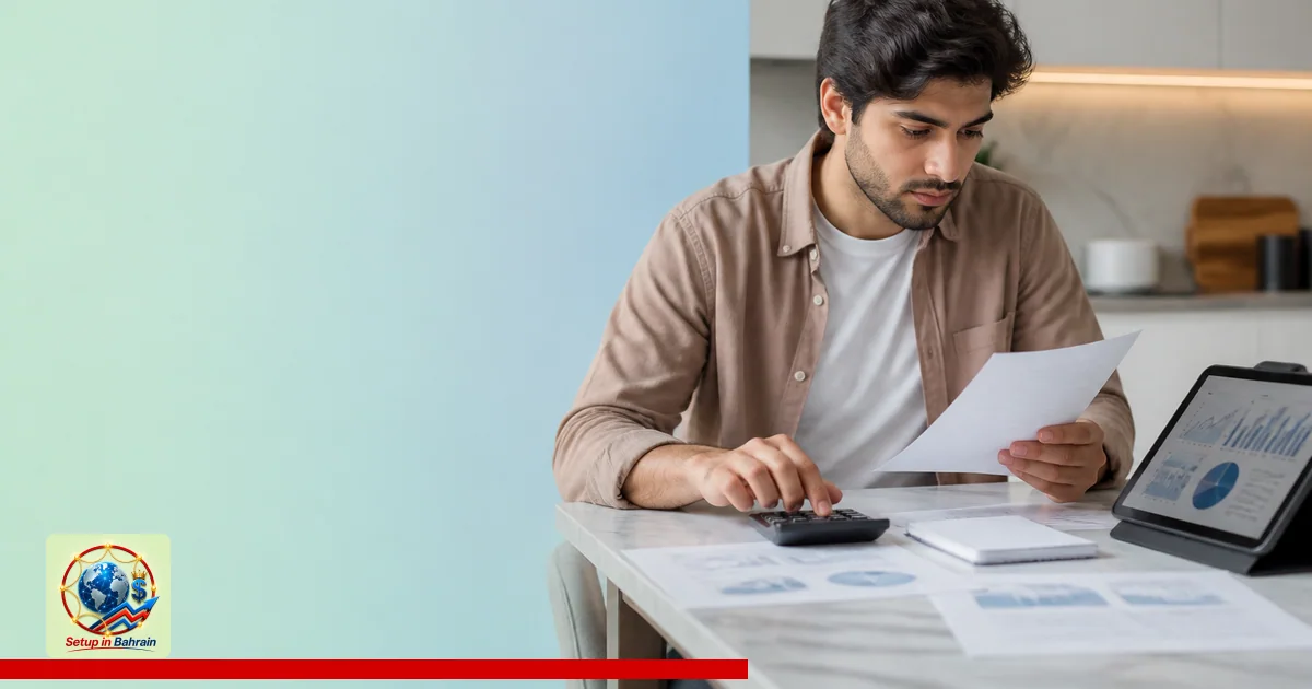 A single young homeowner sits at a modern kitchen table, studying mortgage documents beside a calculator and tablet showing a