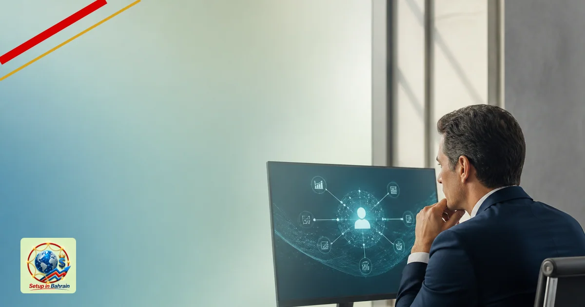 A polished, unbranded editorial scene showing a single professional at a sleek desk with an abstract AI agent interface on sc