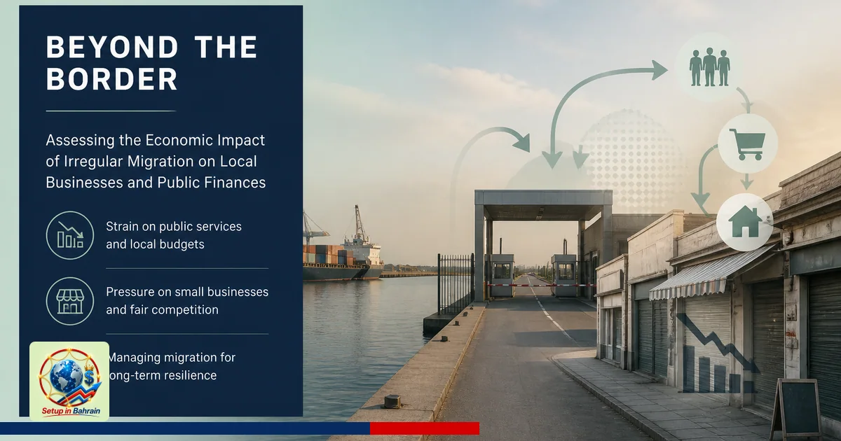 Editorial cover concept showing a calm harbor edge transitioning to a stylized border infrastructure, with left navy informat
