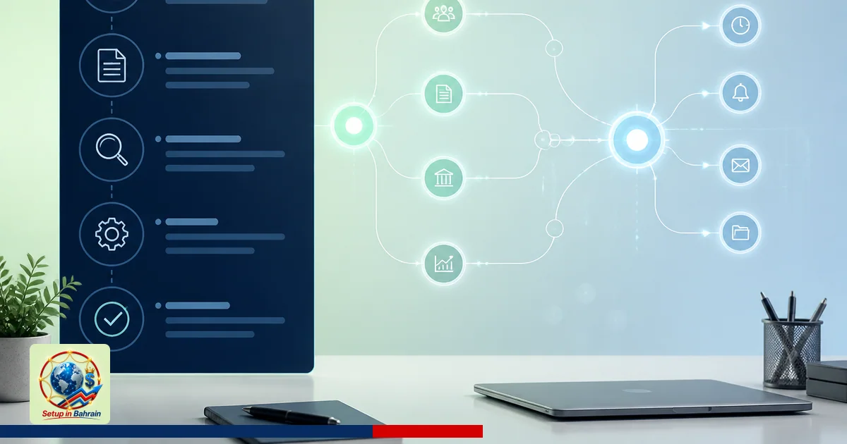 Editorial cover scene showing a left navy information panel with abstract process icons and a right-side stylized digital flo