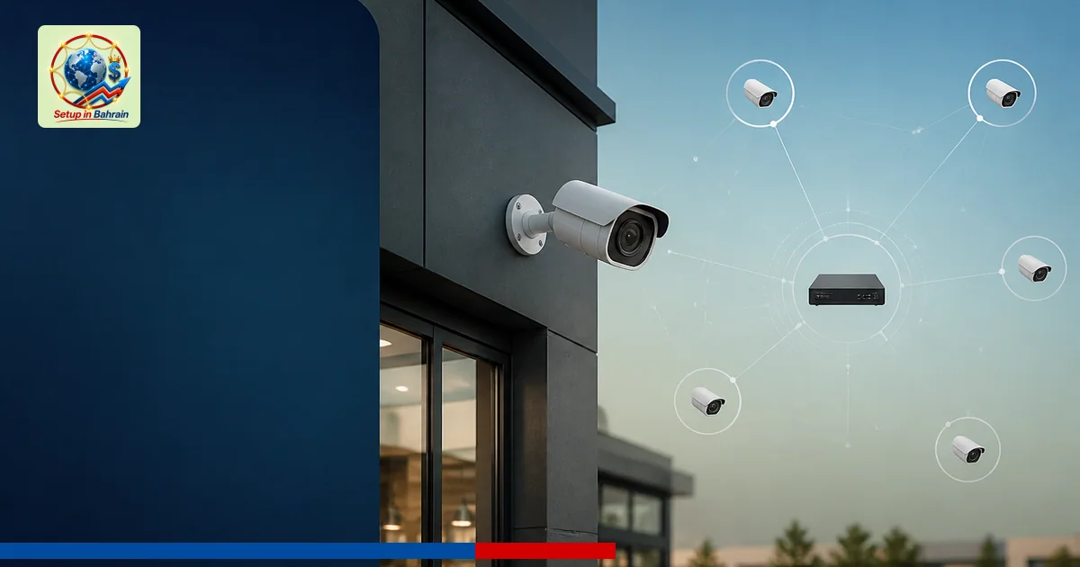 A minimalist editorial scene showing a generic storefront with a security camera. Abstract lines imply a connected network to