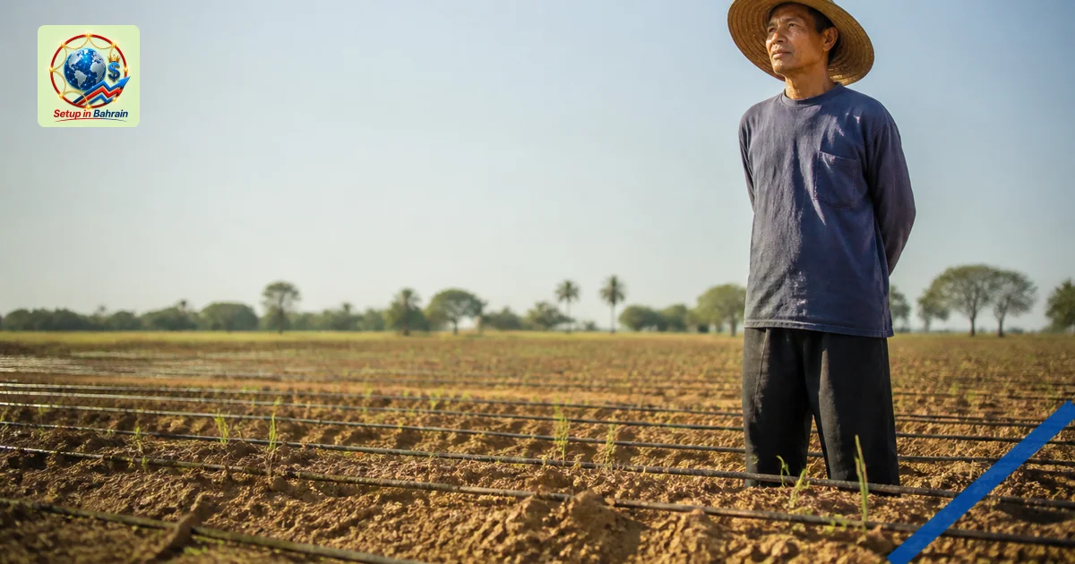 A solitary farmer in a dry Southeast Asian rice field under a hot, bright sky, with irrigation lines and parched soil, convey