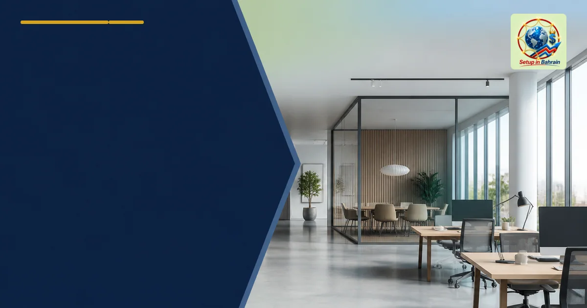 A modern Copenhagen office interior with an open-plan workspace and a glass-walled meeting room on the right; a strong navy i