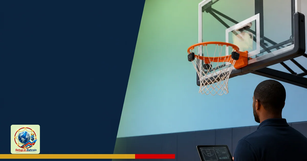 An editorial scene showing a basketball hoop with built-in sensors in a gym corner, a tablet displaying analytics beside a na