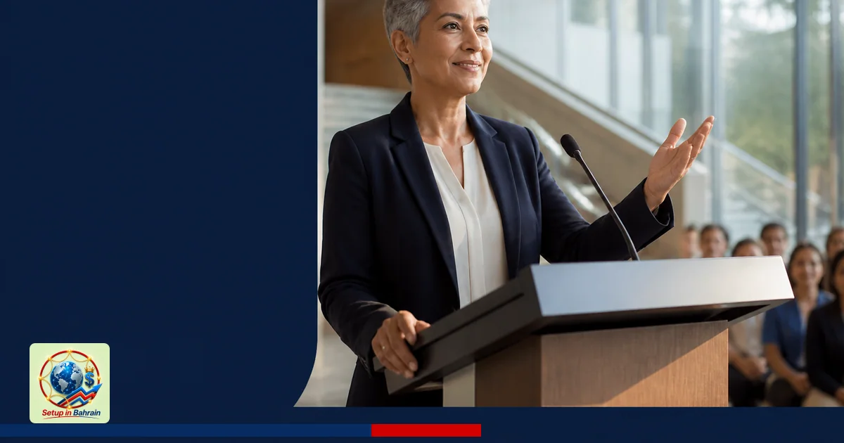 A clean, premium editorial scene depicting a new university president addressing an audience in a modern campus atrium. The l