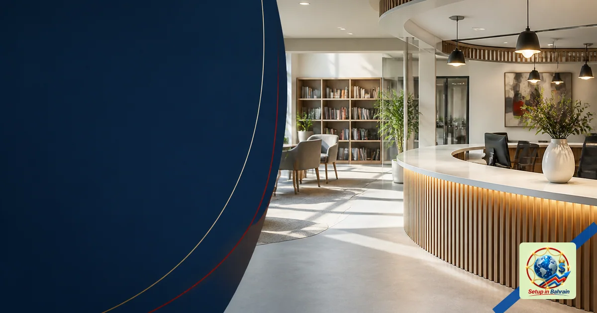 Interior of a renovated business support center with a welcoming reception on the right and a navy information panel on the l
