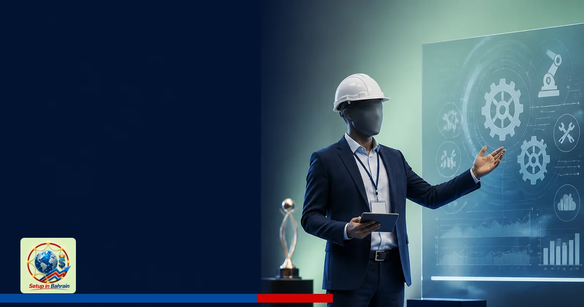 A solitary presenter stands beside a translucent display showing abstract data visuals in a formal awards setting; a navy inf