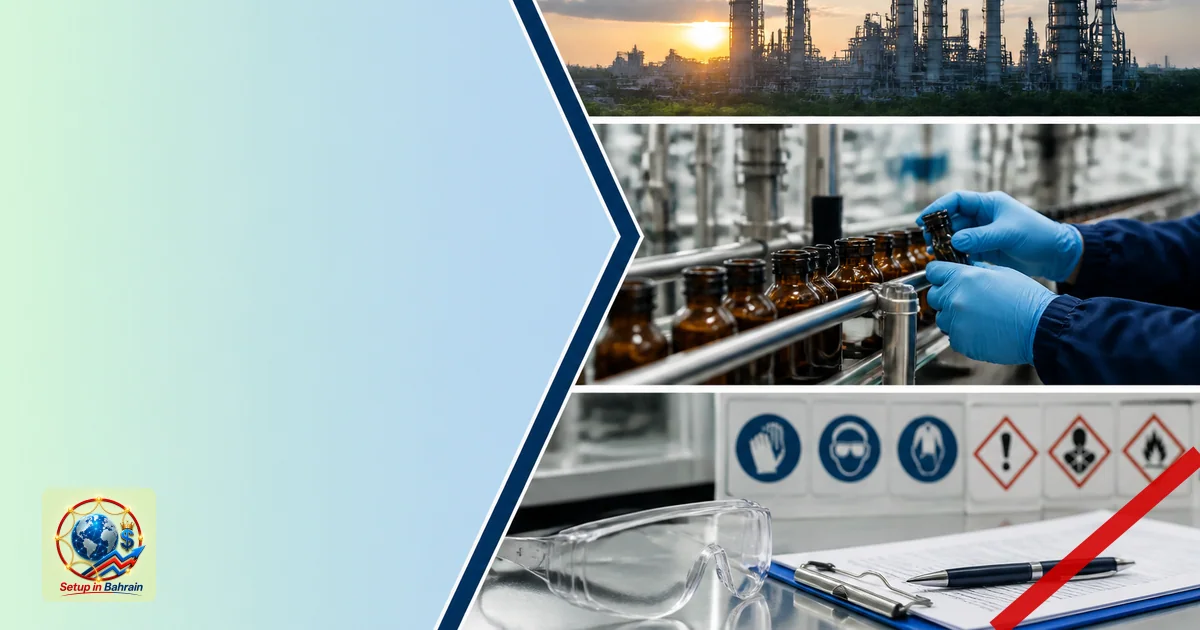An editorial-style image with a left navy text panel on a pale green-to-blue gradient, and a right-side generic factory silho