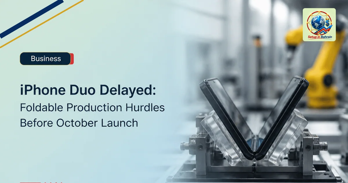 Editorial visual representing one concrete editorial subject illustrating iPhone Duo delayed: foldable production hurdles bef