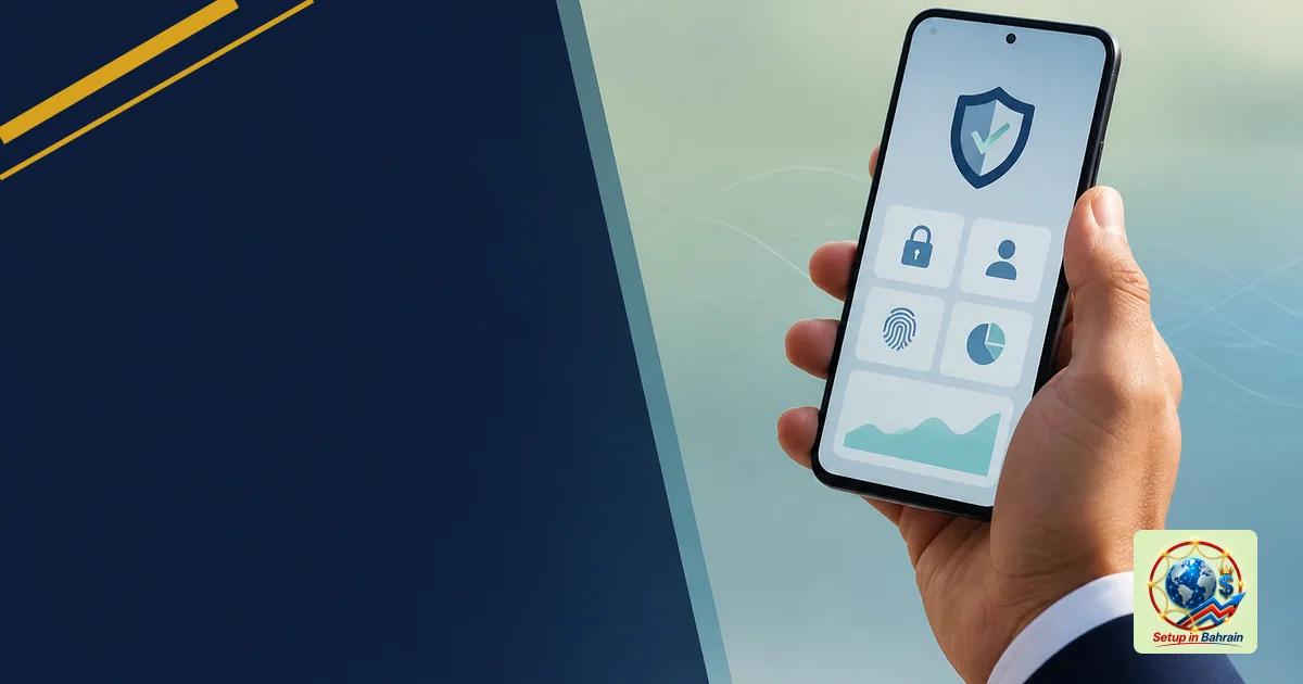 A solitary hand holds a modern smartphone displaying a generic app interface with abstract security icons, set against a pale