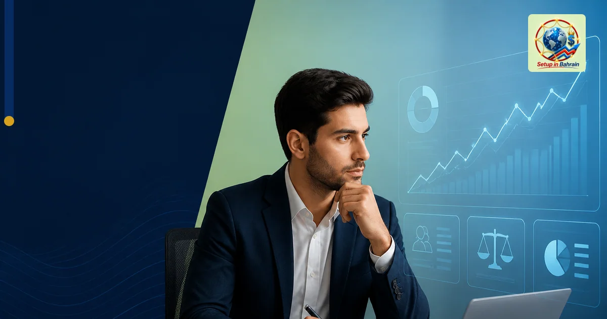 A polished editorial scene: a single analyst stands beside a left navy information panel with concise governance notes, while