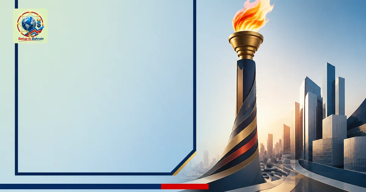 Editorial cover scene with a left navy information panel against a pale green-to-blue gradient; on the right, a stylized torc