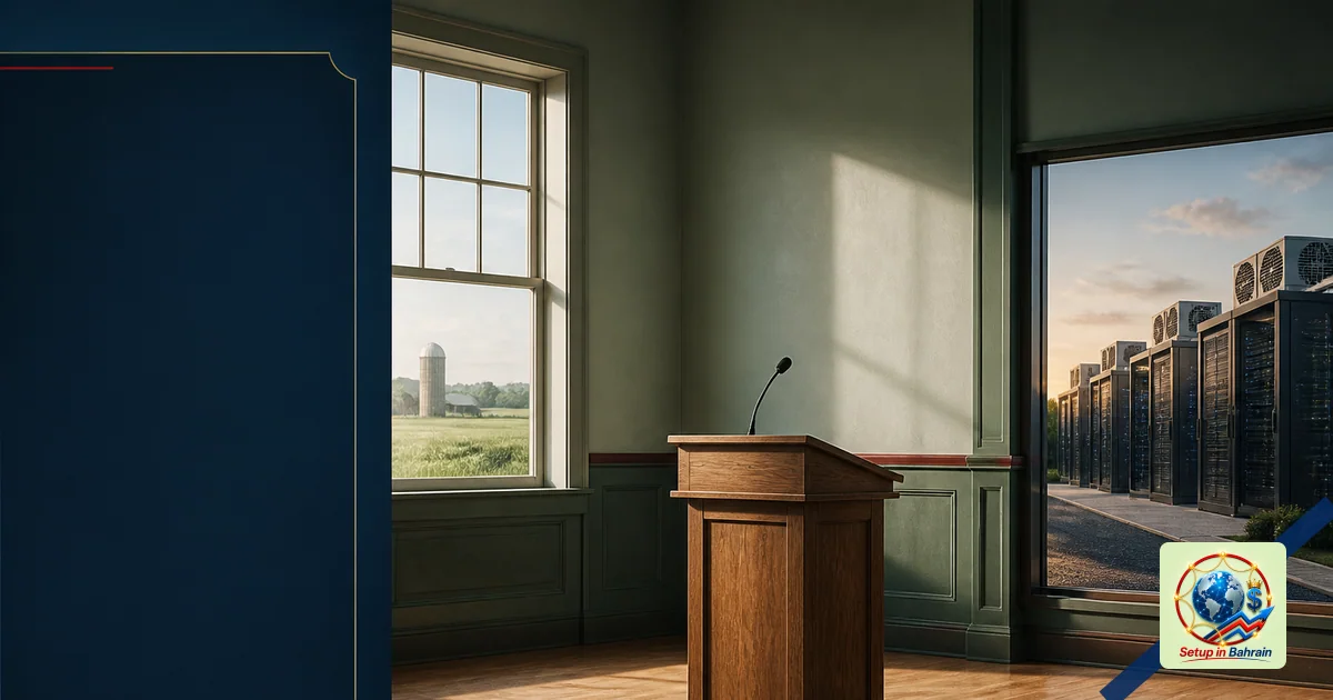 A premium editorial cover scene showing a rural Kentucky town hall with a left-side information panel concept and a right-sid