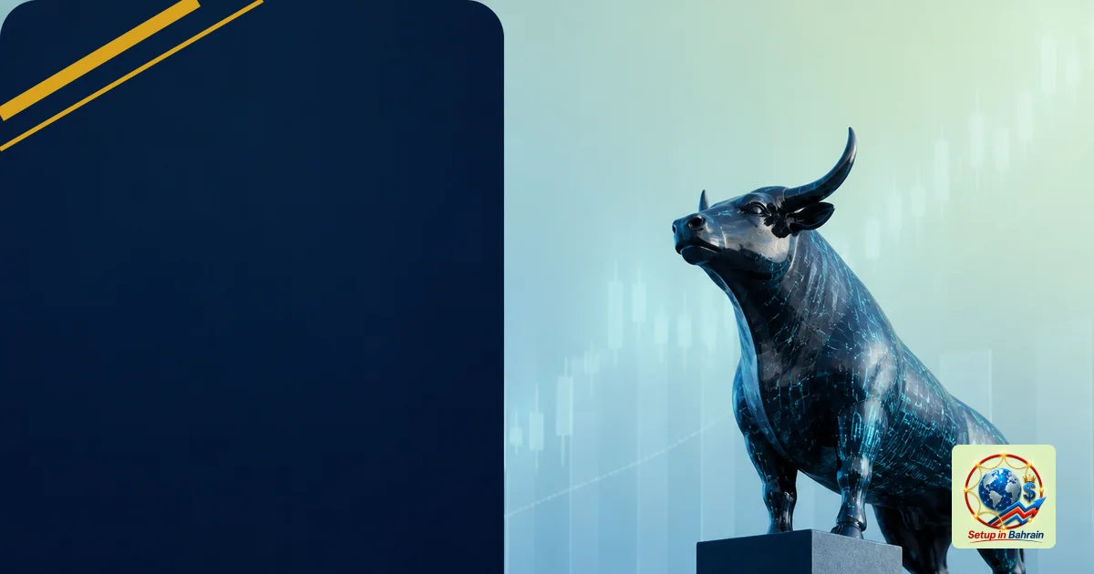 Editorial cover scene with a single business-focused figure on the right, studying market trends; a dark navy information pan