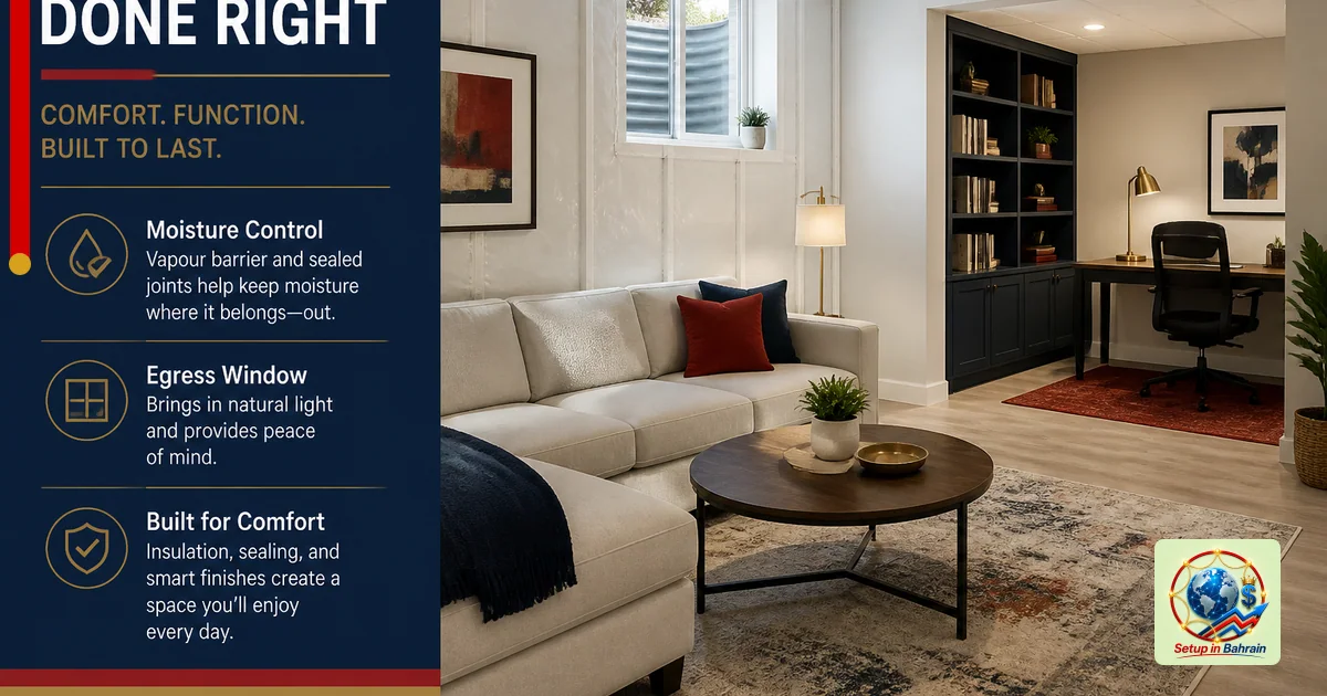 A modern finished basement with a living area and a small home office nook, featuring a moisture barrier detail and an egress