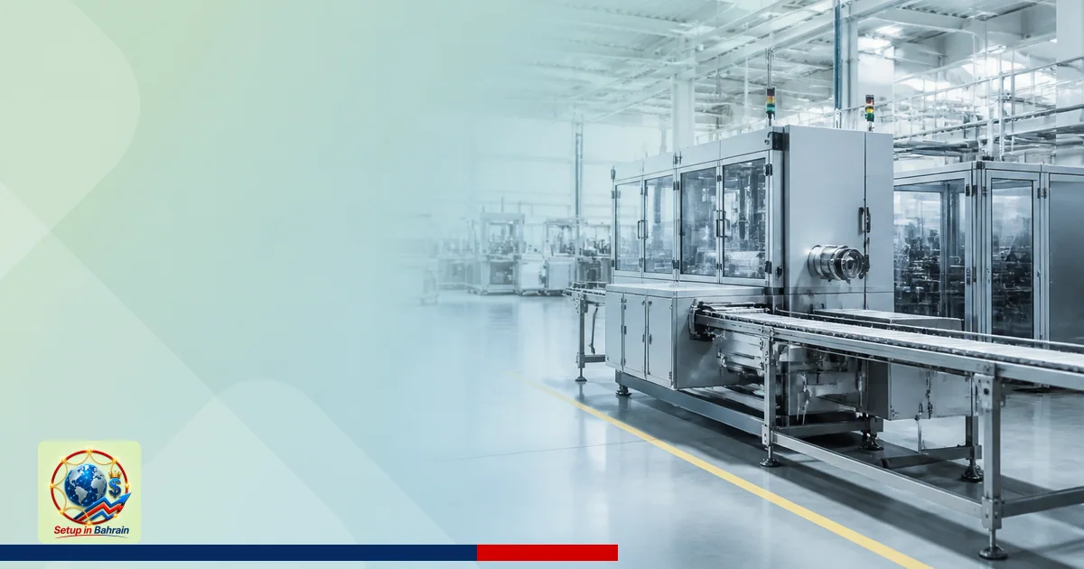Editorial scene of a modern packaging machinery facility with spacious bays and conveyors, bathed in cool light, conveying sc