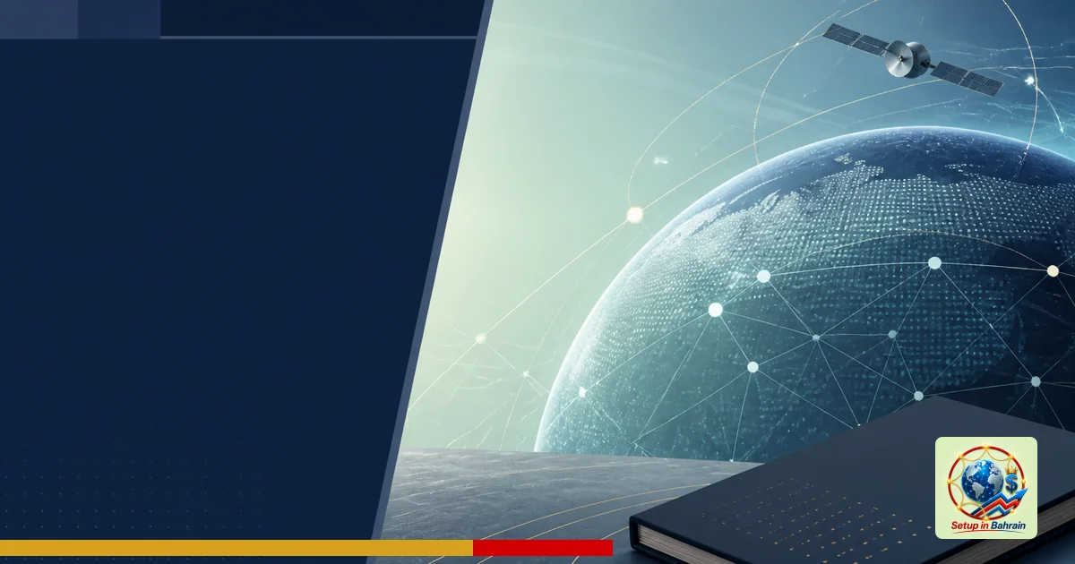 A clean, editorial scene with a left navy information panel and an abstract right-side visualization representing space-econo