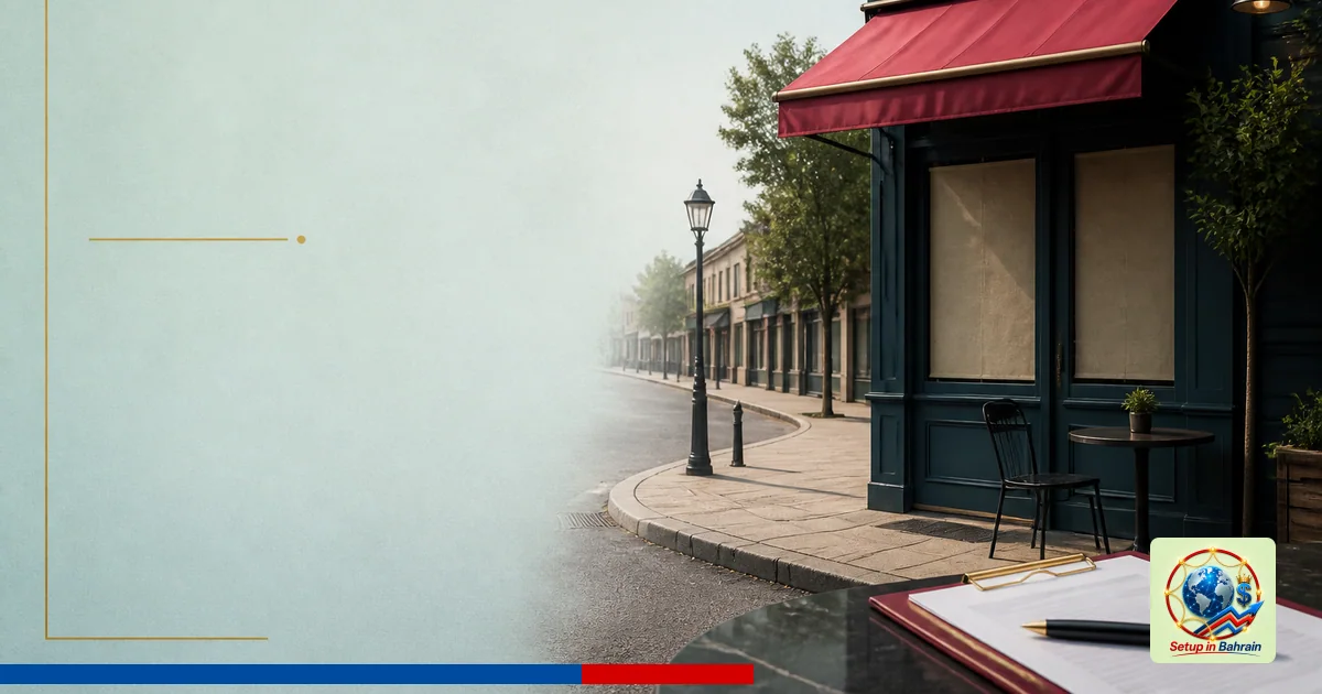 An editorial, unbranded street scene shows a closed cafe storefront on a quiet main street, with a left-side navy panel for i