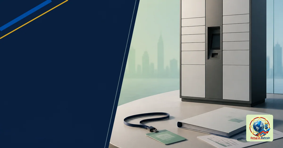 Unbranded editorial scene showing a parcel locker prototype and a mock procurement toolkit beside an abstract conference badg
