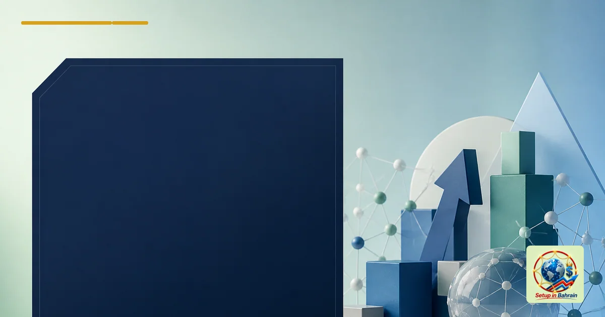 A clean, minimalist editorial scene with a pale green-to-blue gradient backdrop suggesting a Bahrain business setting. On the