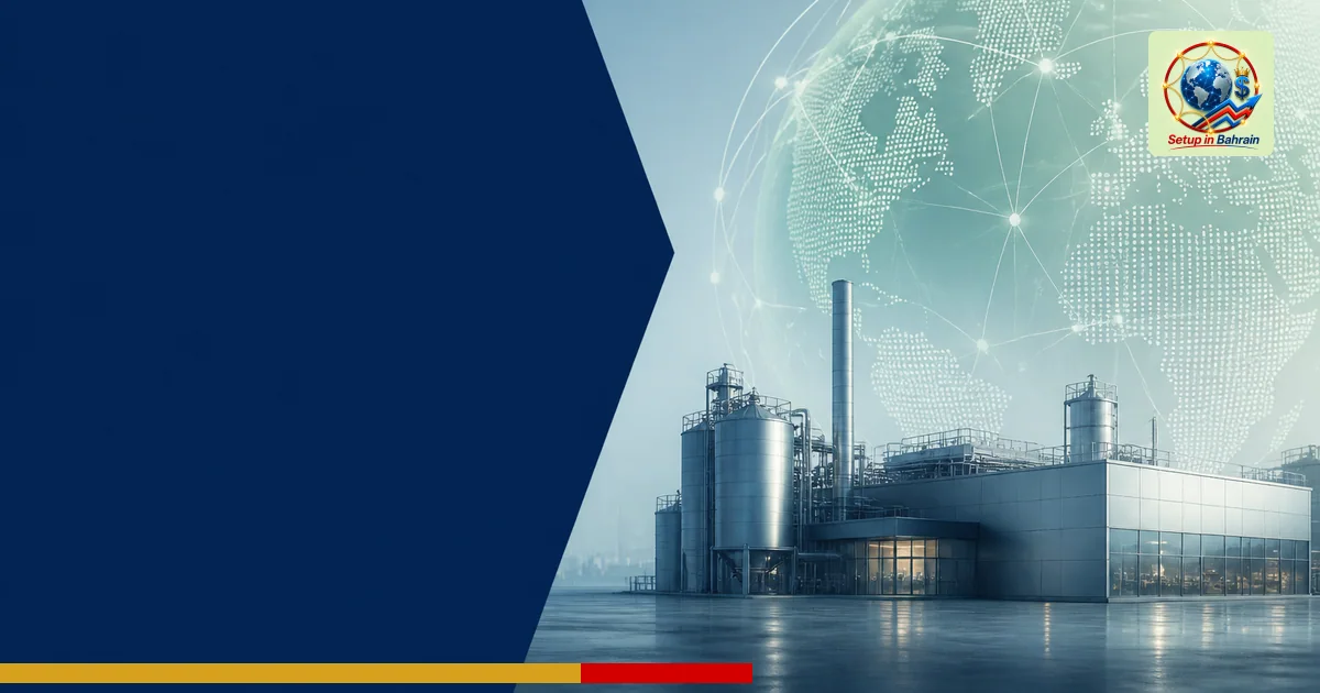 A clean editorial illustration featuring a stylized biopharma factory silhouette on a soft green-to-blue gradient, with a sim