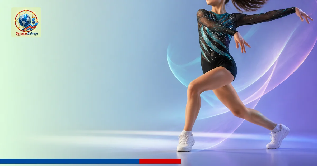 A lone teenage athlete mid-performance in a clean studio setting with a pale green-to-blue backdrop. A left editorial panel a