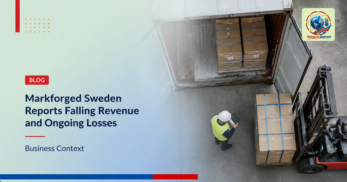 Editorial visual representing unbranded cargo shipping operations illustrating Markforged Sweden reports falling revenue and