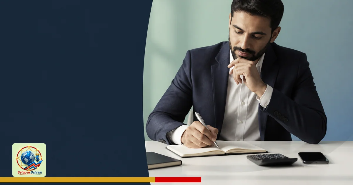 A solitary professional at a clean desk reviews finances with an open notebook and calculator, against a pale green-to-blue g