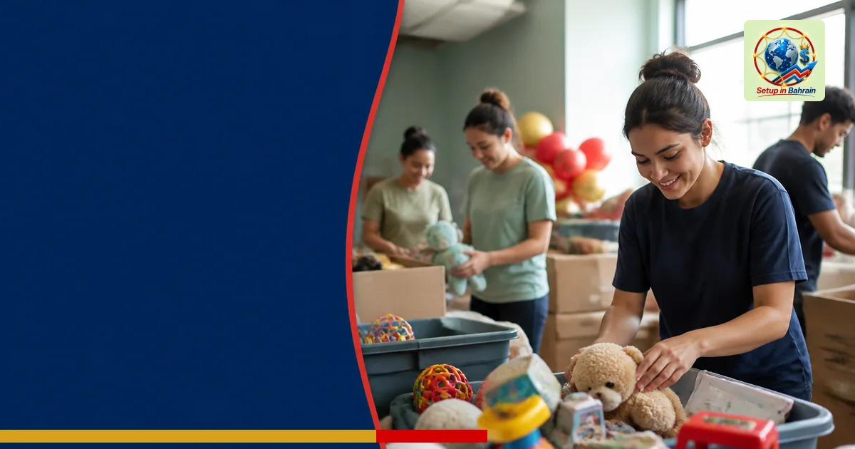 Unbranded scene of volunteers organizing donated toys in boxes at a community donation hub, with a left navy information pane
