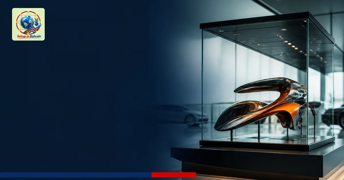 A premium editorial cover scene showing an abstract McLaren badge silhouette inside a glass display at a Bahrain concours set