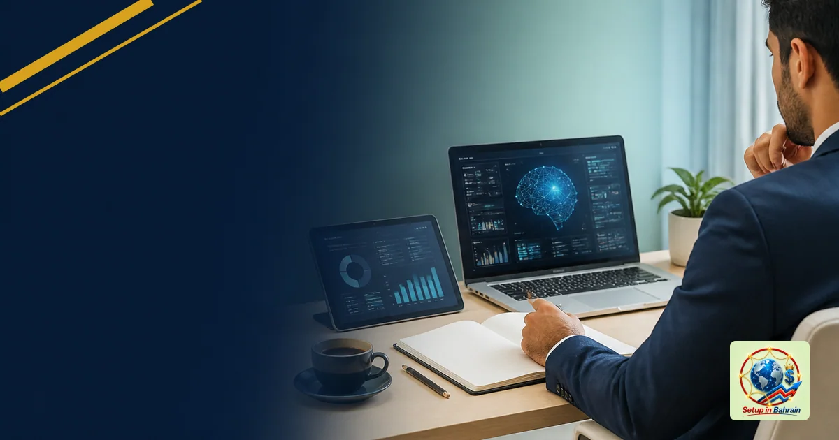 A clean Bahrain business desk with a laptop showing an abstract AI interface and a tablet with data visuals, an open notebook