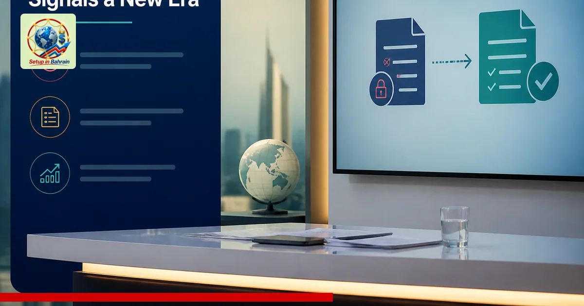 Editorial cover scene with a minimalist desk and a large screen showing abstract policy graphics; left side includes a navy i