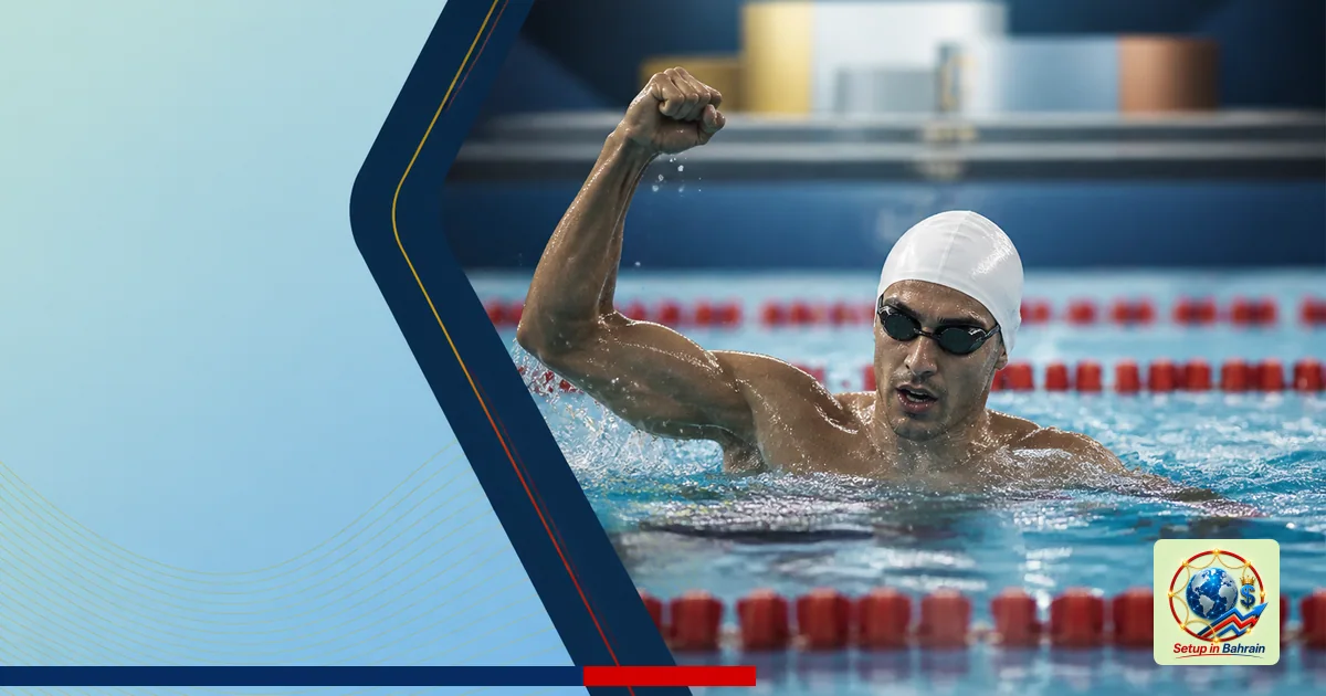 A lone swimmer powers toward the finish in a calm indoor pool, with a left navy information panel and a clean right-side visu