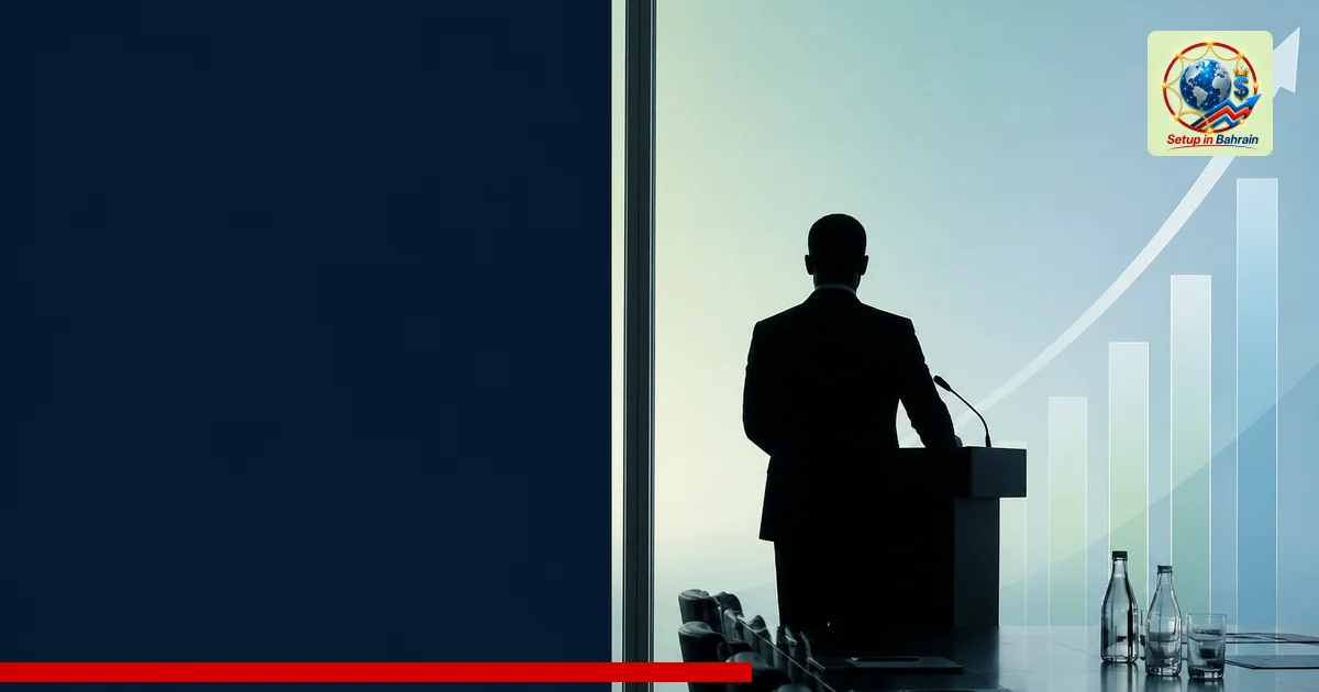 A single business executive silhouette stands at a modern podium in a minimalist boardroom. A navy information panel sits to